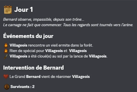 Jour 1 — Événements : rencontre d'un ermite, combat à la lance, résurrection par Bernard