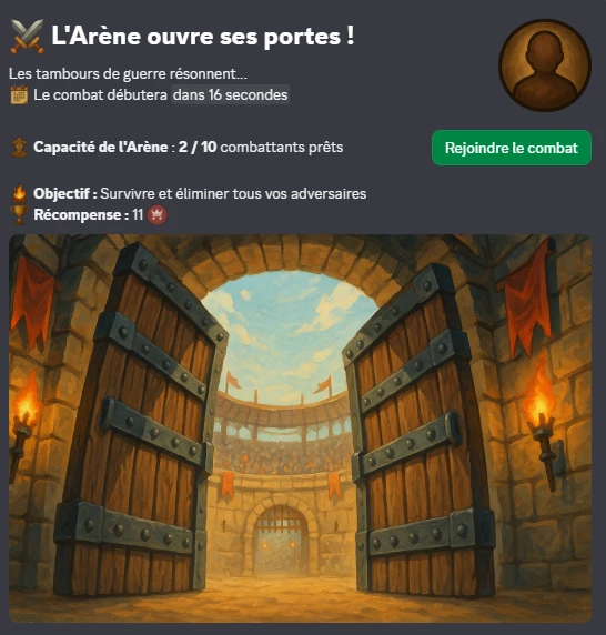 L'Arène ouvre ses portes — écran d'inscription au combat avec 2 combattants prêts sur 10